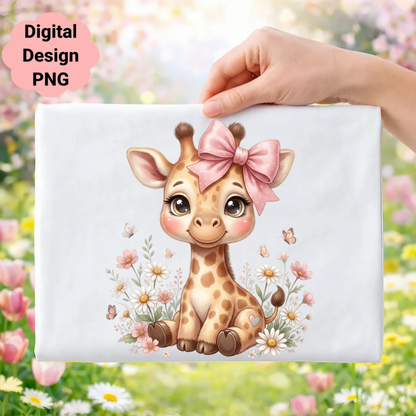 Cute cartoon baby giraffe with pink bow surrounded by flowers and butterflies.