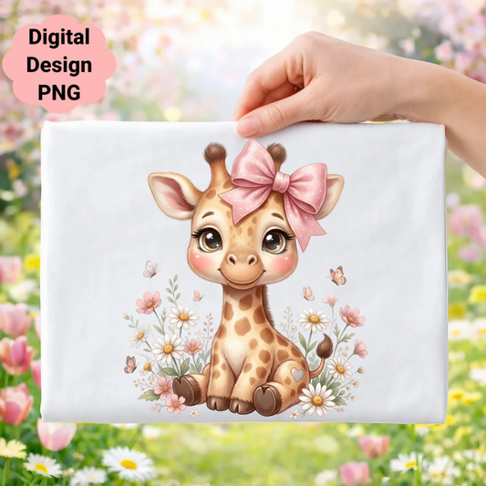 Cute cartoon baby giraffe with pink bow surrounded by flowers and butterflies.