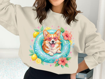 Corgi wearing heart sunglasses in pool float with lemons and hibiscus flowers.