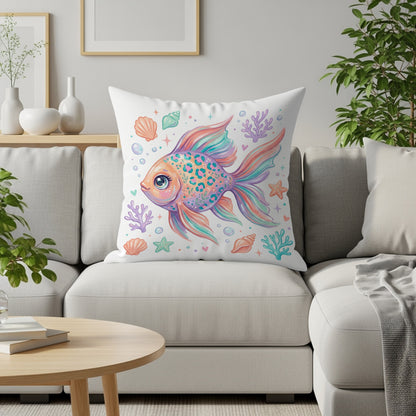 Colorful cartoon fish with leopard print, surrounded by seashells and coral, on a white pillow.