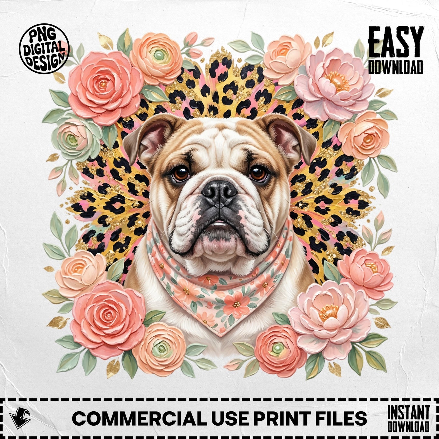 Bulldog with floral wreath and leopard print background, "PNG DIGITAL DESIGN" and "EASY DOWNLOAD".