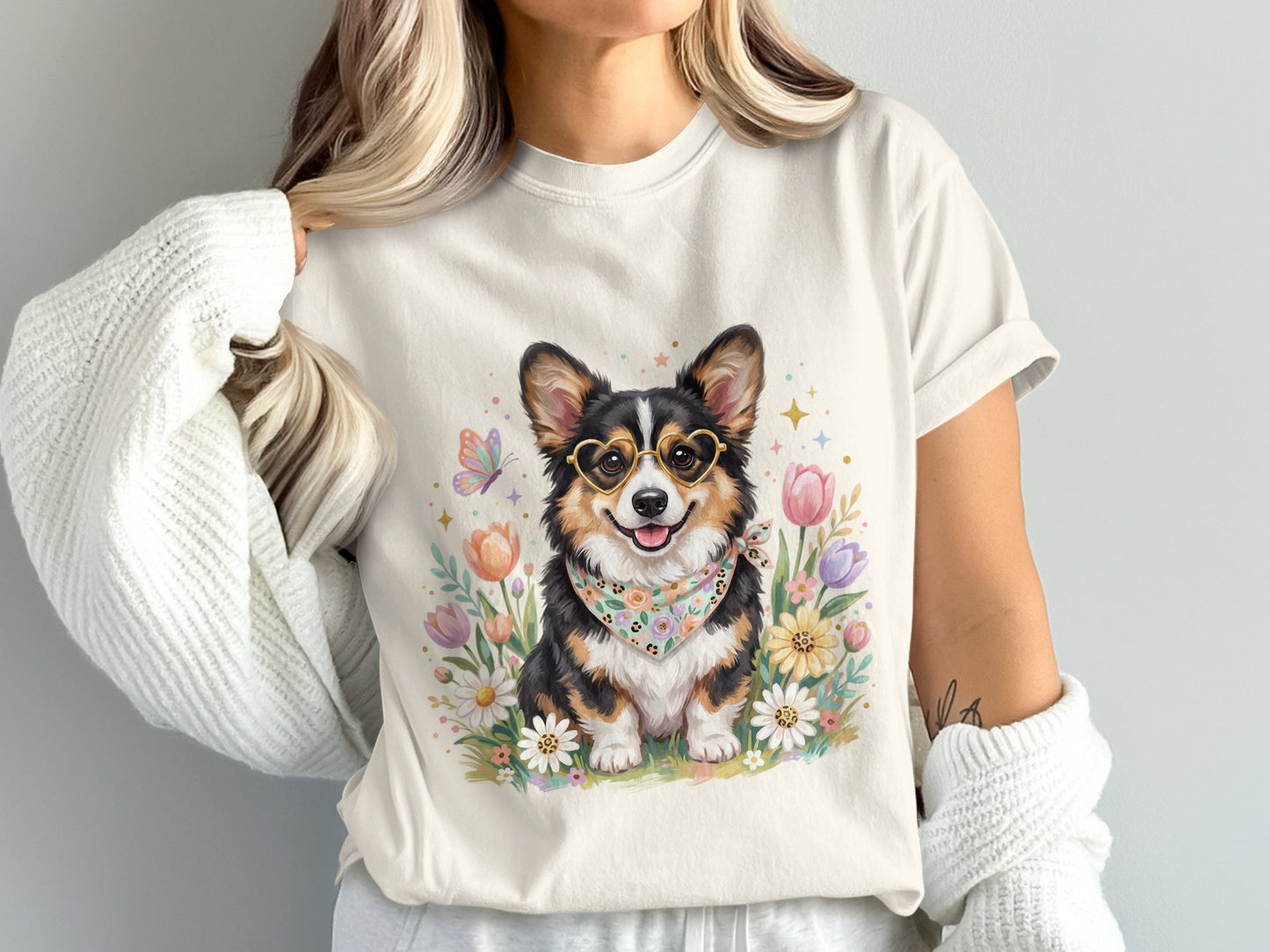 Corgi wearing heart sunglasses and bandana among spring flowers.