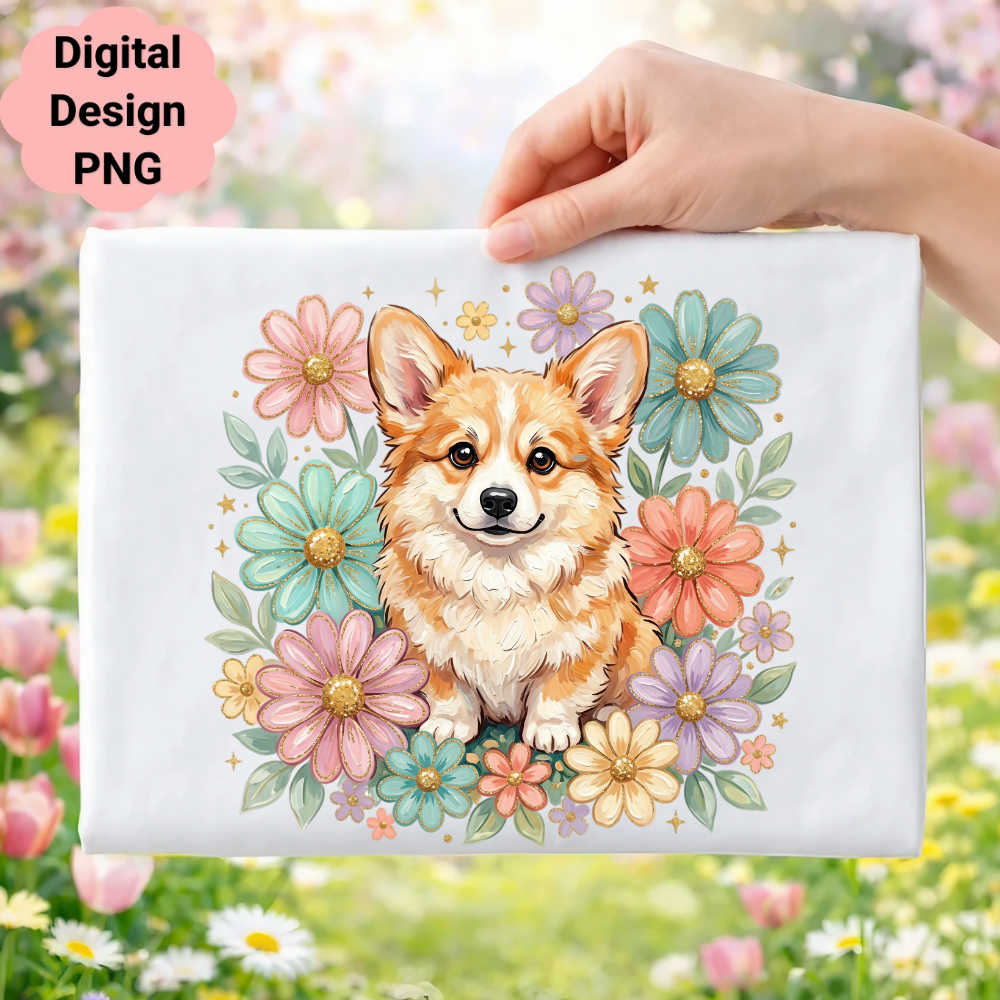 Corgi surrounded by colorful flowers, digital design PNG.
