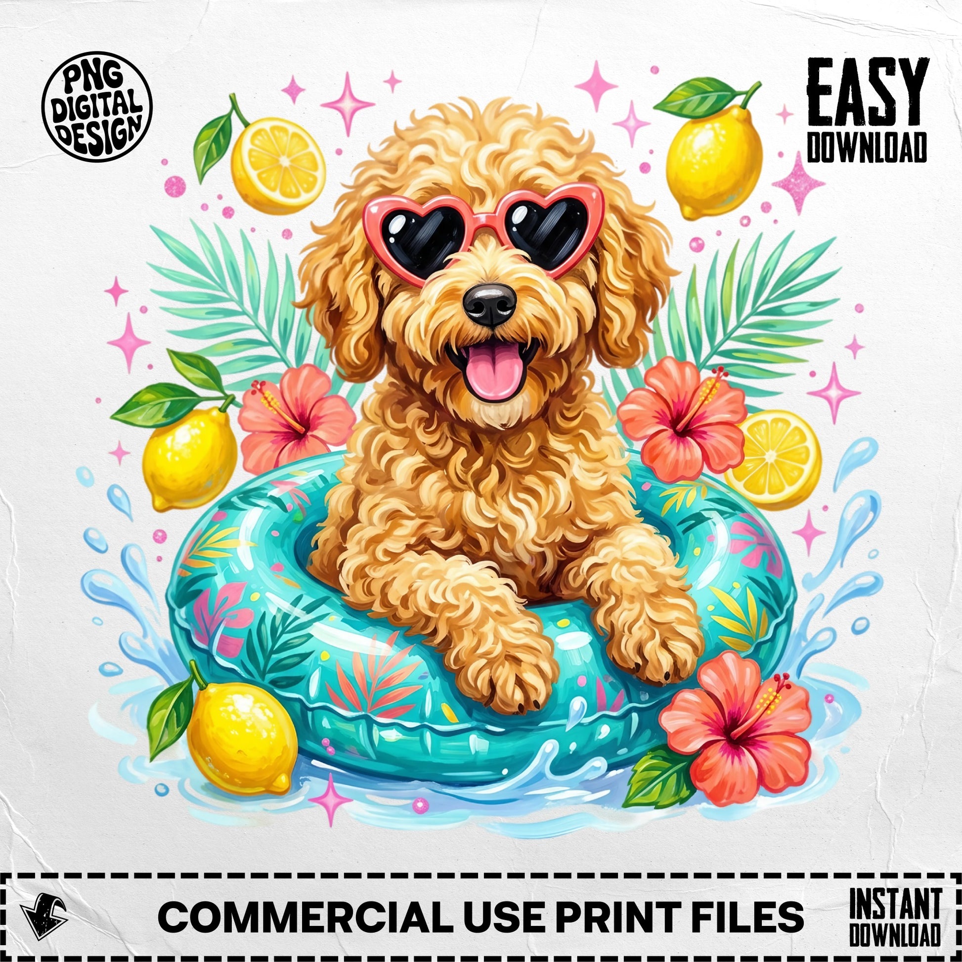 Fluffy dog in heart sunglasses floats in inner tube with fruit and flowers.