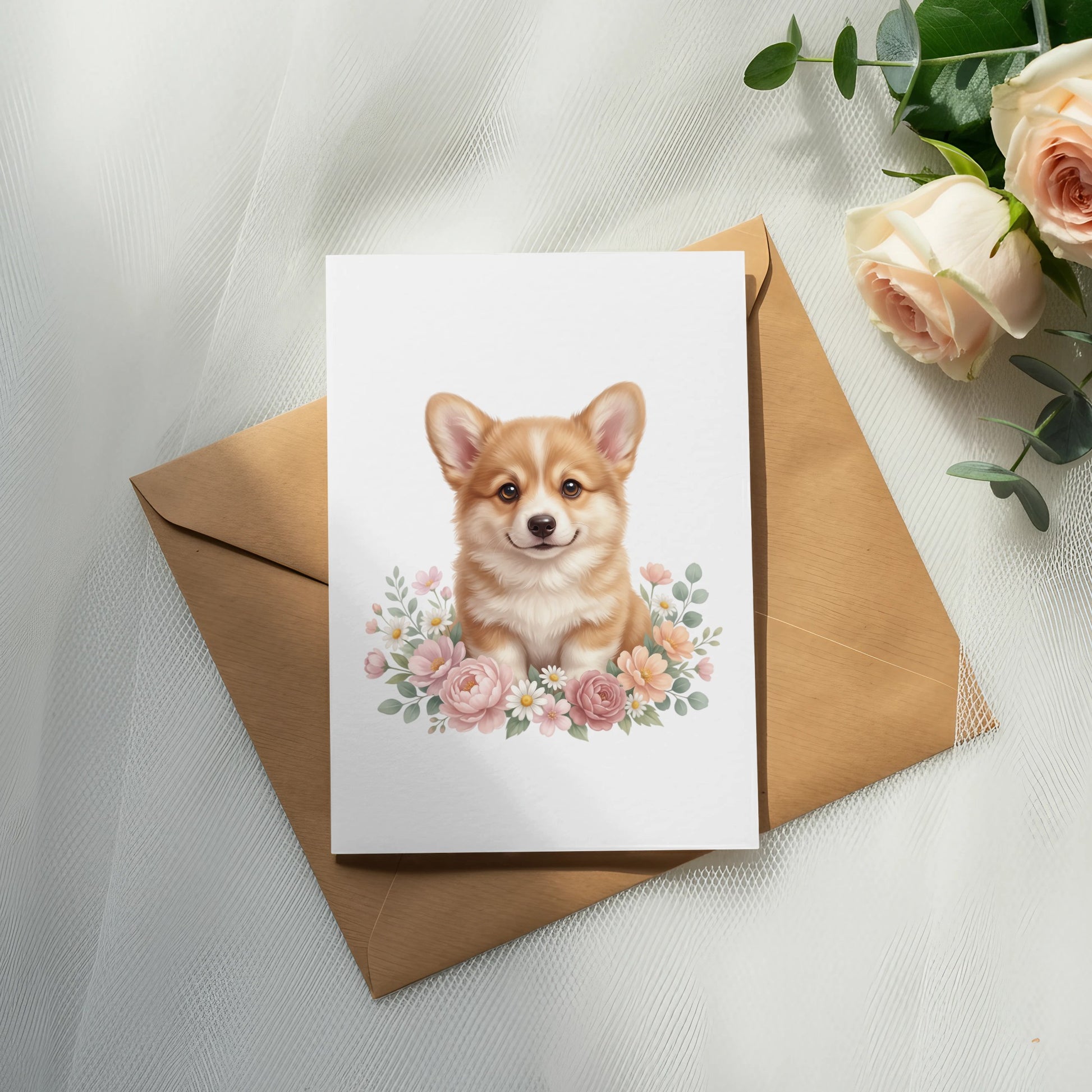 Corgi puppy on a card with floral accents on a kraft envelope.