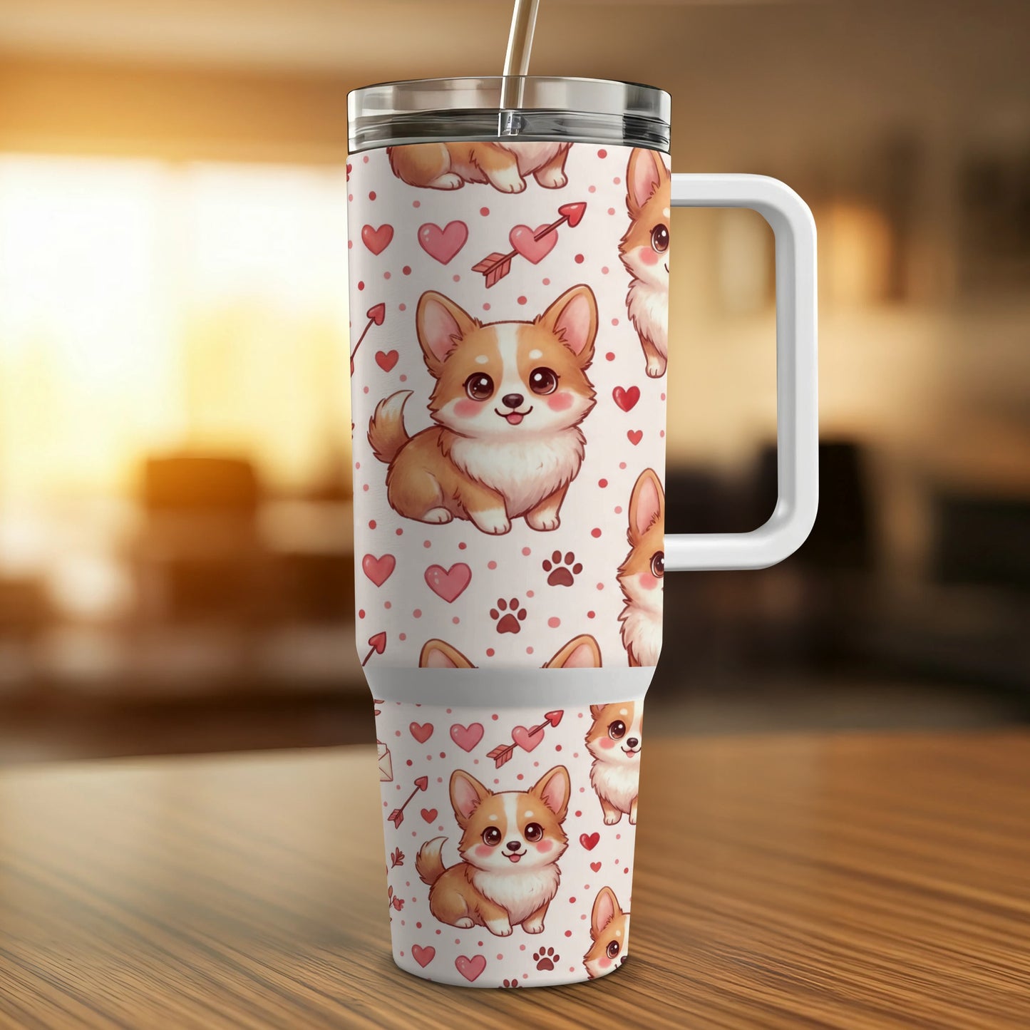 Corgy dog and heart pattern tumbler with straw and handle.