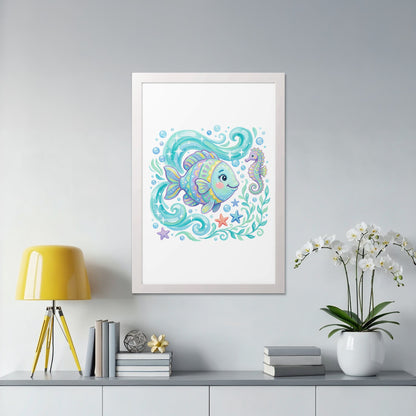 Colorful cartoon fish and seahorse with sea stars and bubbles.