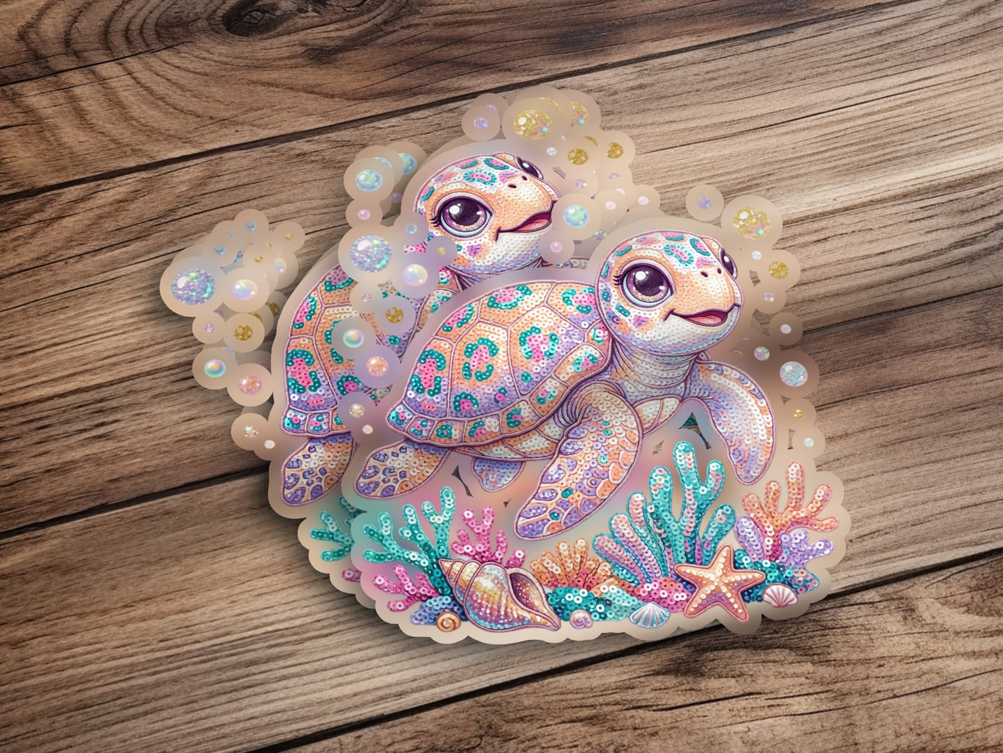 Two cartoon sea turtles with colorful shells float among coral and bubbles.