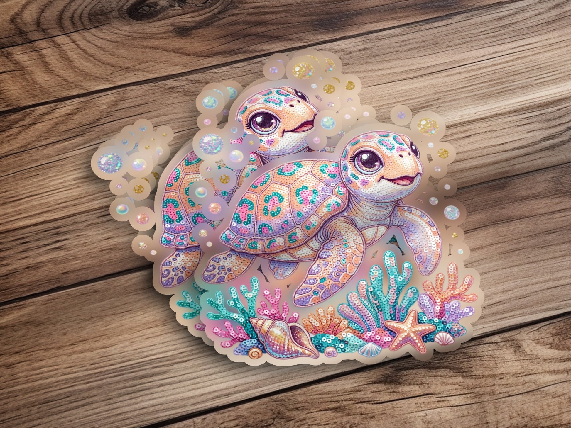 Two cartoon sea turtles with colorful shells float among coral and bubbles.