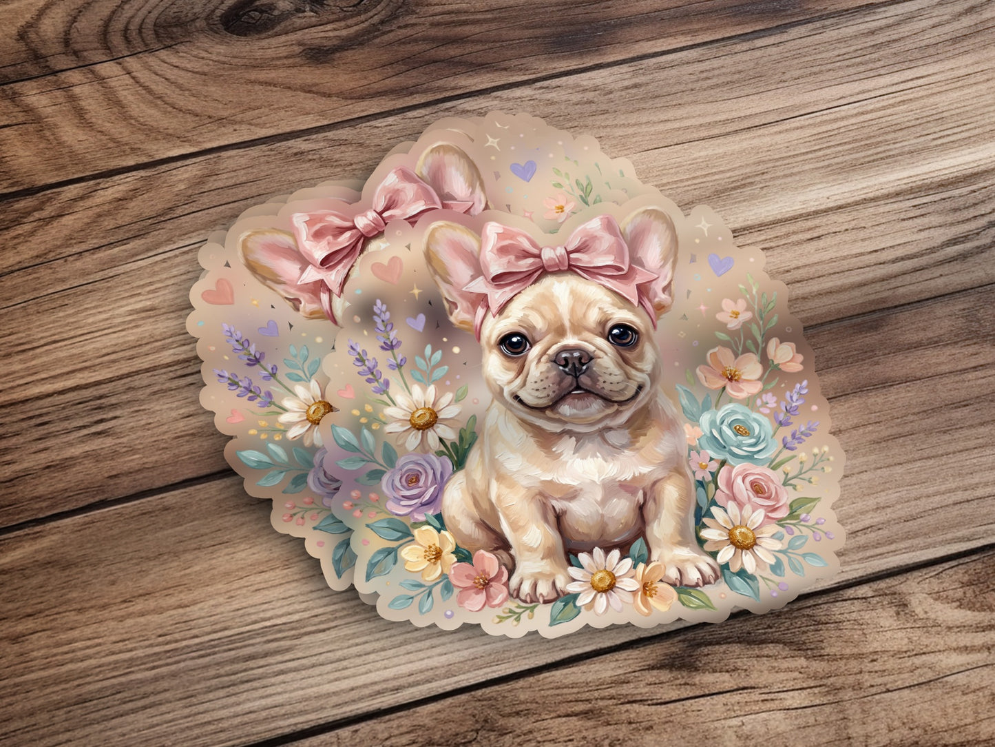 French bulldog puppy wearing pink bows and flowers.