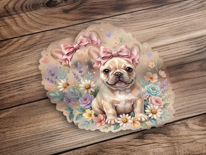 French bulldog puppy wearing pink bows and flowers.