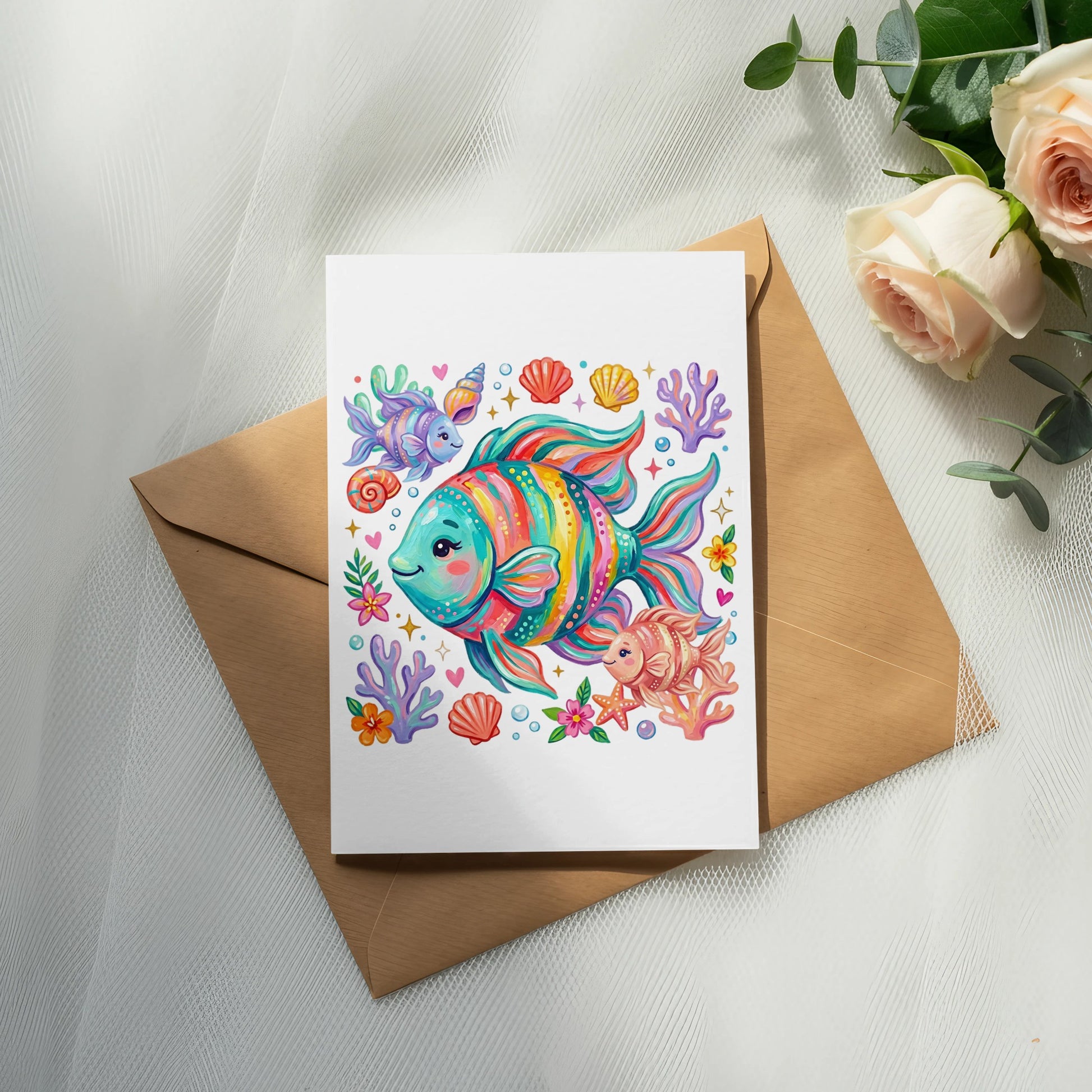 Colorful cartoon fish and sea life on a white card atop a brown envelope.