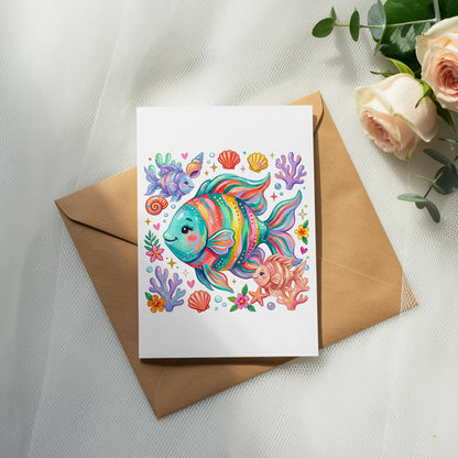 Colorful cartoon fish and sea life on a white card atop a brown envelope.