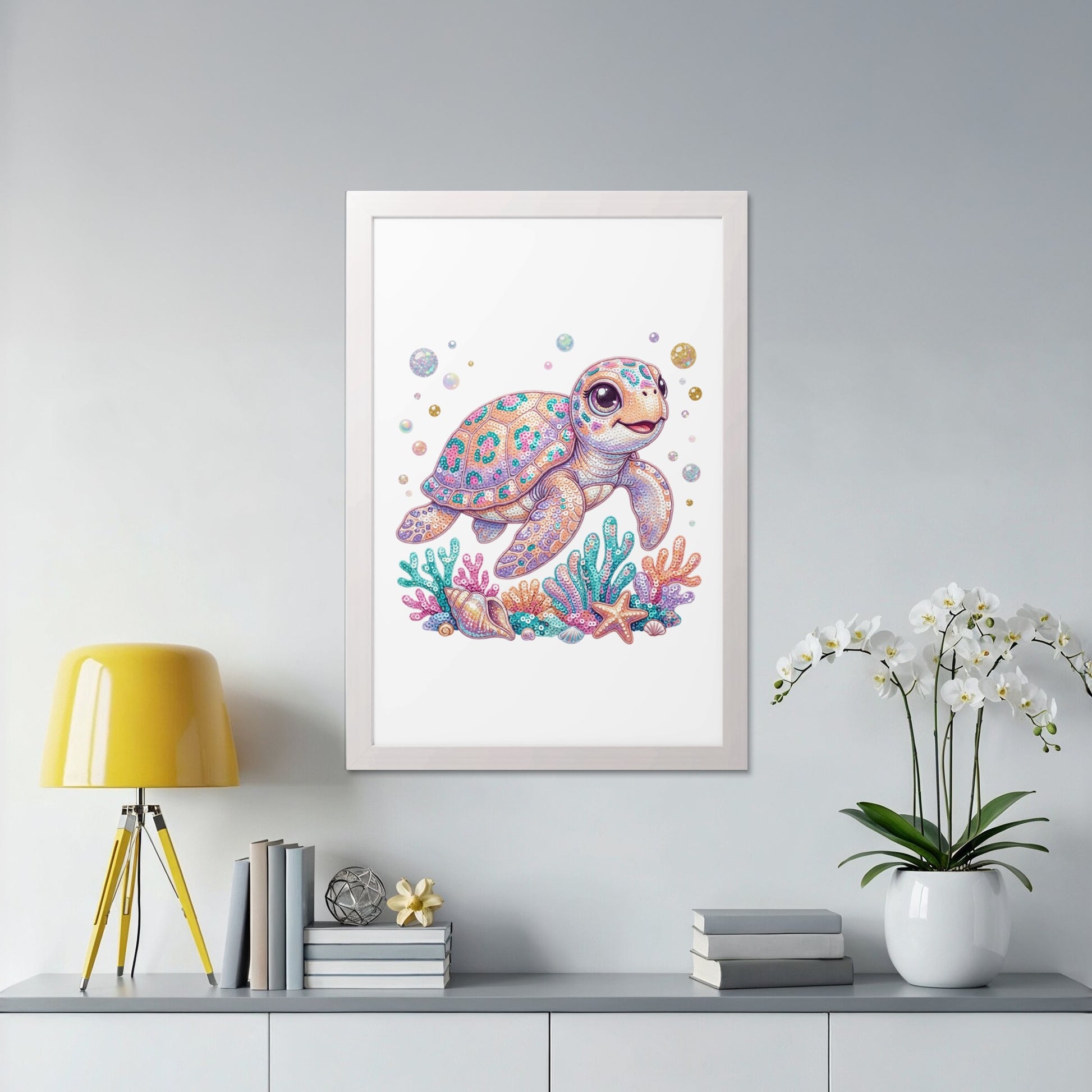 Colorful cartoon sea turtle swimming among coral and starfish.