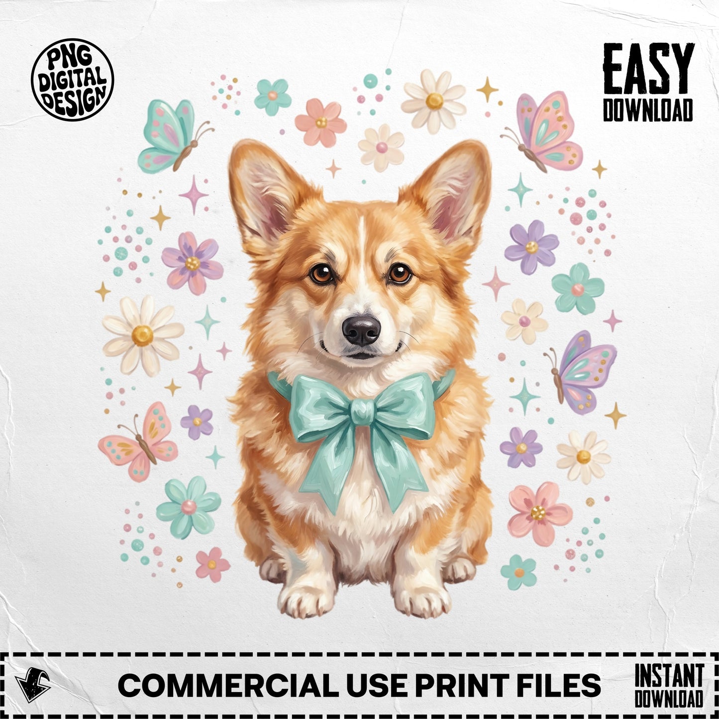 Corgi wearing a blue bow, surrounded by butterflies and flowers.