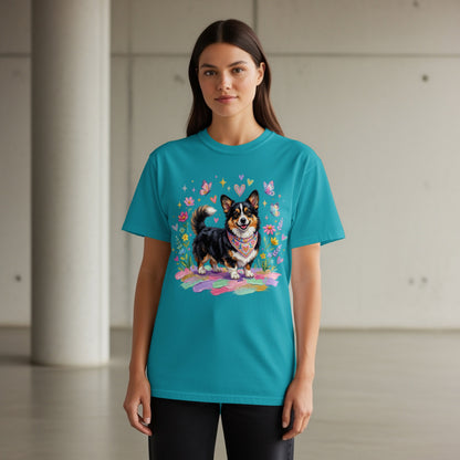 Teal t-shirt with a Corgi dog wearing a bandana surrounded by flowers and butterflies.
