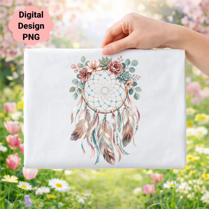 Dreamcatcher design with flowers and feathers on white fabric.