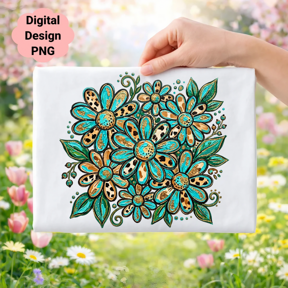 Turquoise and gold floral design with leopard print centers on white fabric.