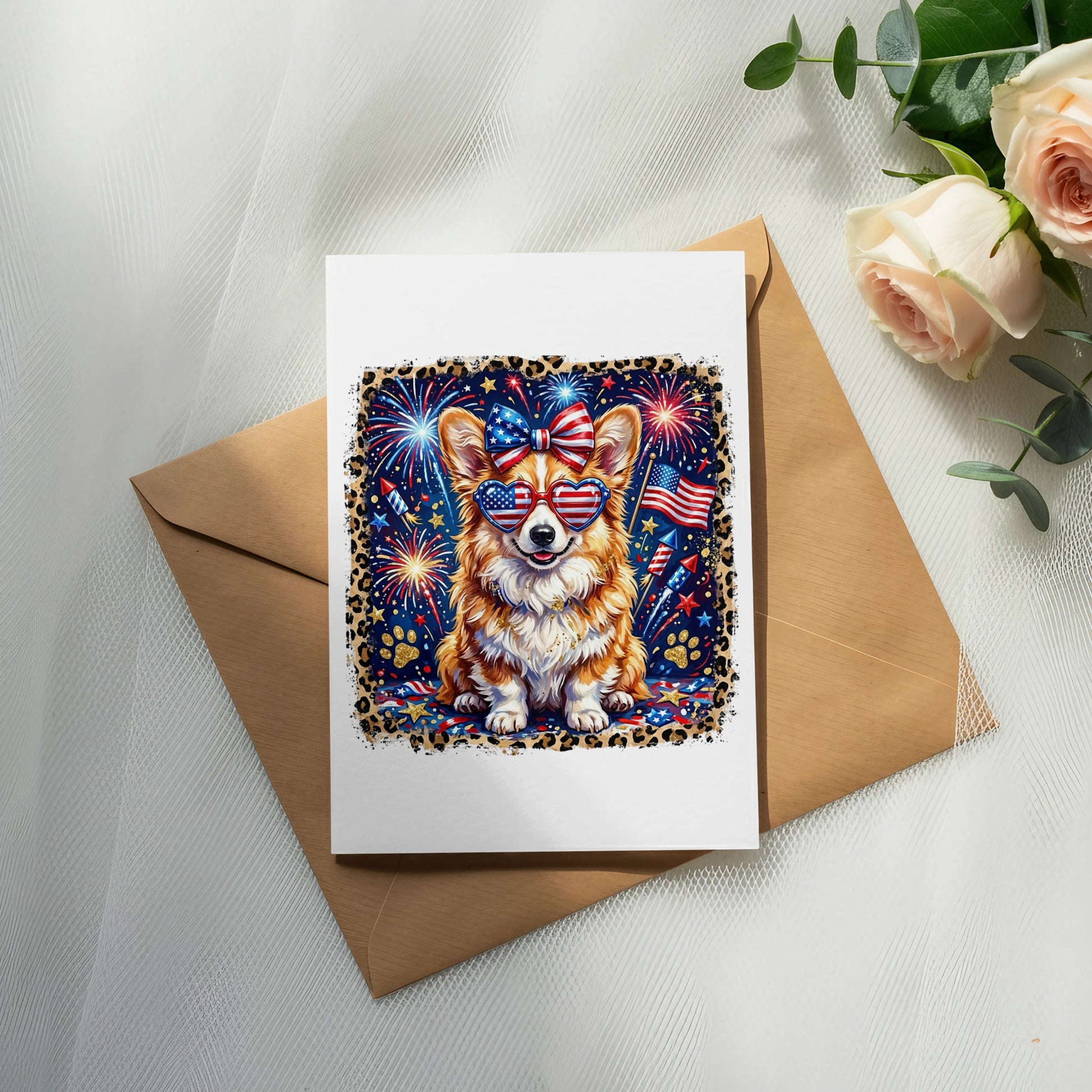 Corgi wearing sunglasses with American flag pattern and patriotic bandana.