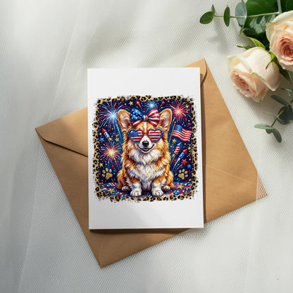 Corgi wearing sunglasses with American flag pattern and patriotic bandana.