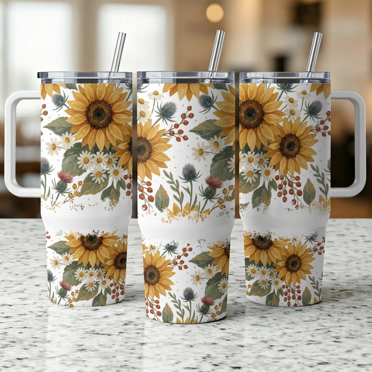 Three tumblers with sunflowers and white daisies design.