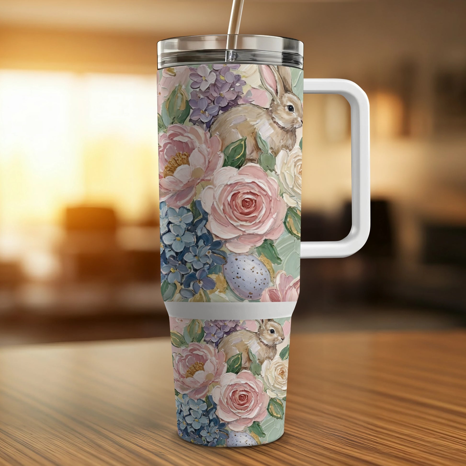 Floral Easter bunny tumbler with handle and straw.