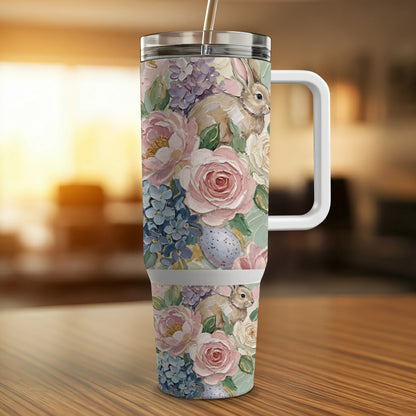 Floral Easter bunny tumbler with handle and straw.