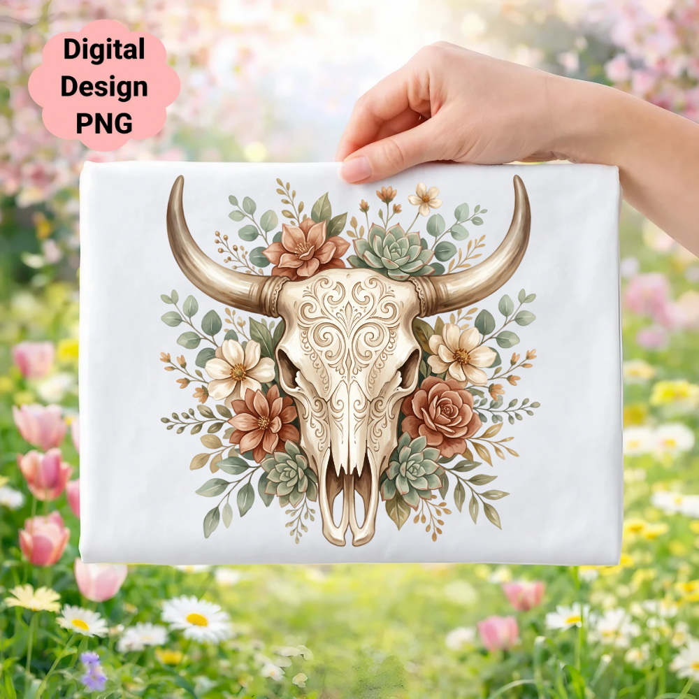 Bohemian skull with flowers and succulents, digital PNG.