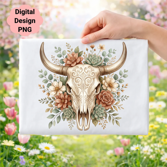 Bohemian skull with flowers and succulents, digital PNG.