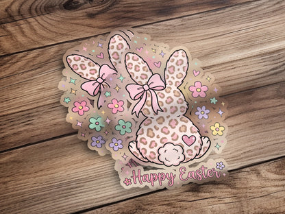 Leopard print Easter bunny stickers with pink bows and flowers.
