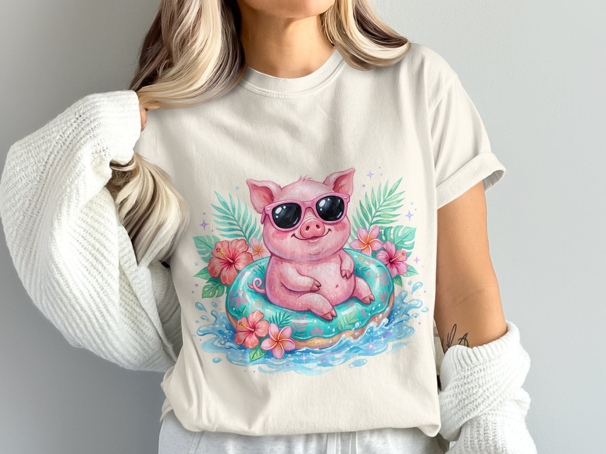 Pig in sunglasses floating on a tropical inner tube.