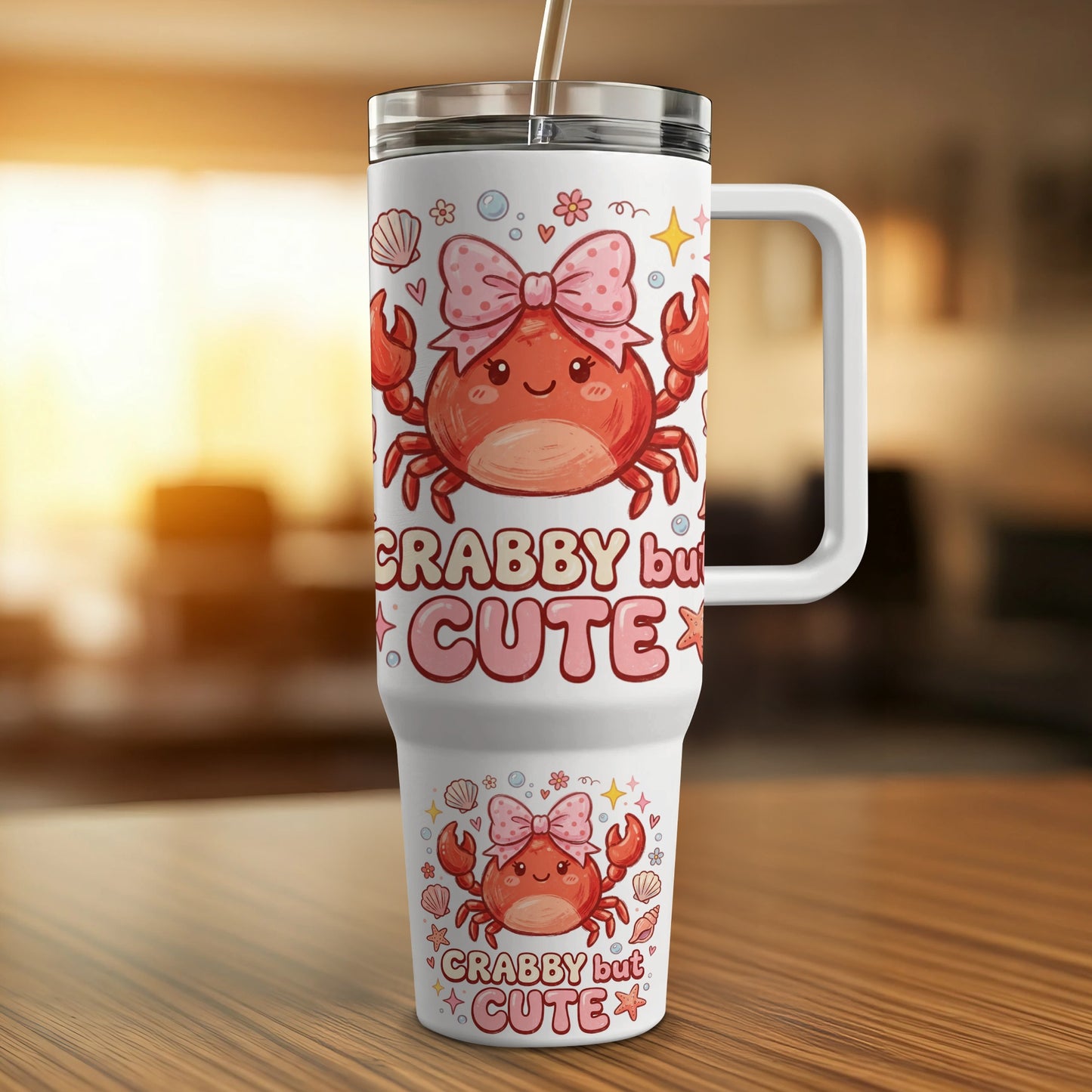 Crabby but cute tumbler with pink bow and cartoon crab designs.