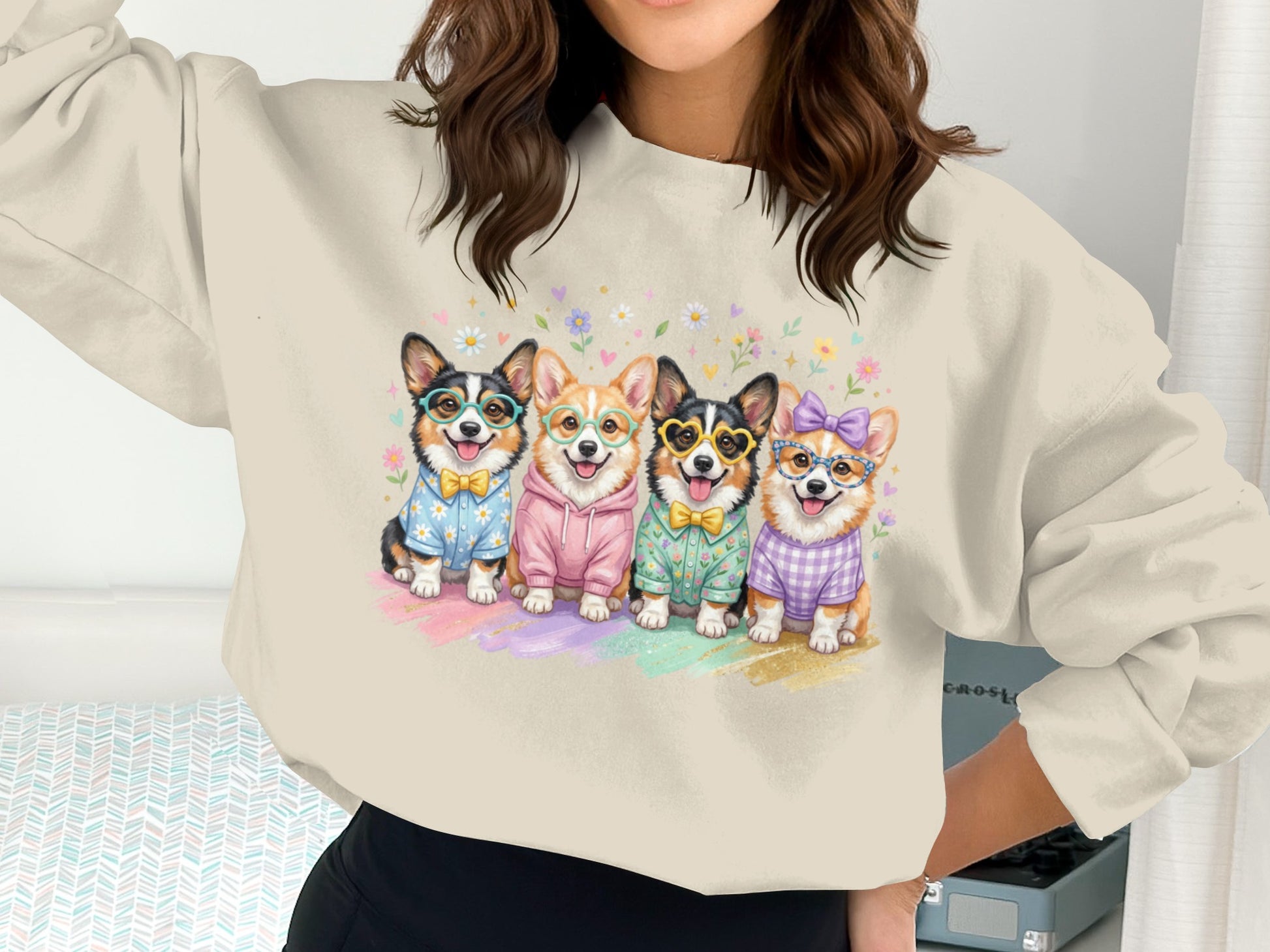 Four corgis wearing glasses and sweaters on a pastel background.