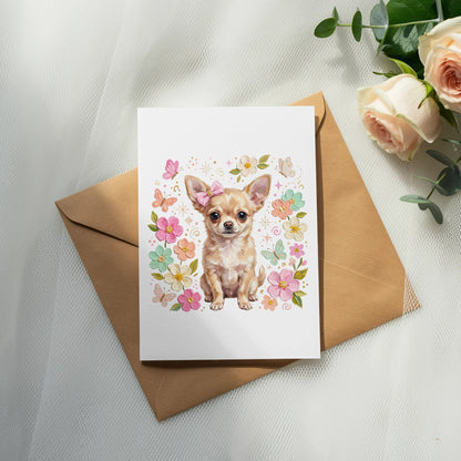 Chihuahua with pink bow and floral border on a greeting card.