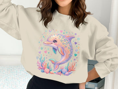Crewneck sweatshirt with a colorful cartoon dolphin graphic and sea shells.