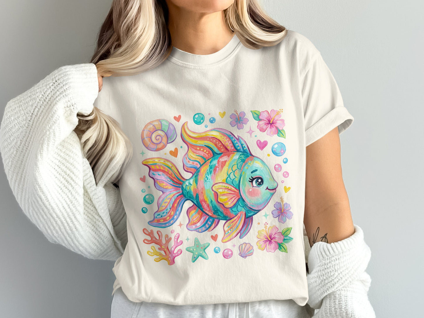 Colorful cartoon fish with hearts and flowers, wearing a white t-shirt.