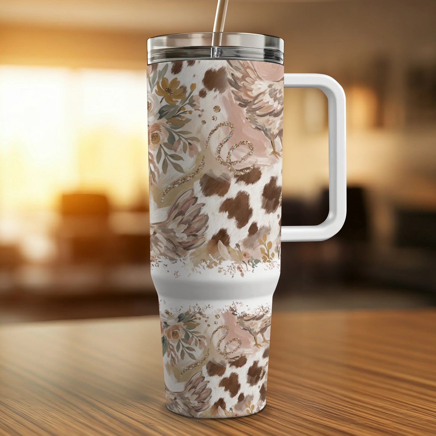 Brown and white cow print tumbler with floral and glitter accents and a handle.