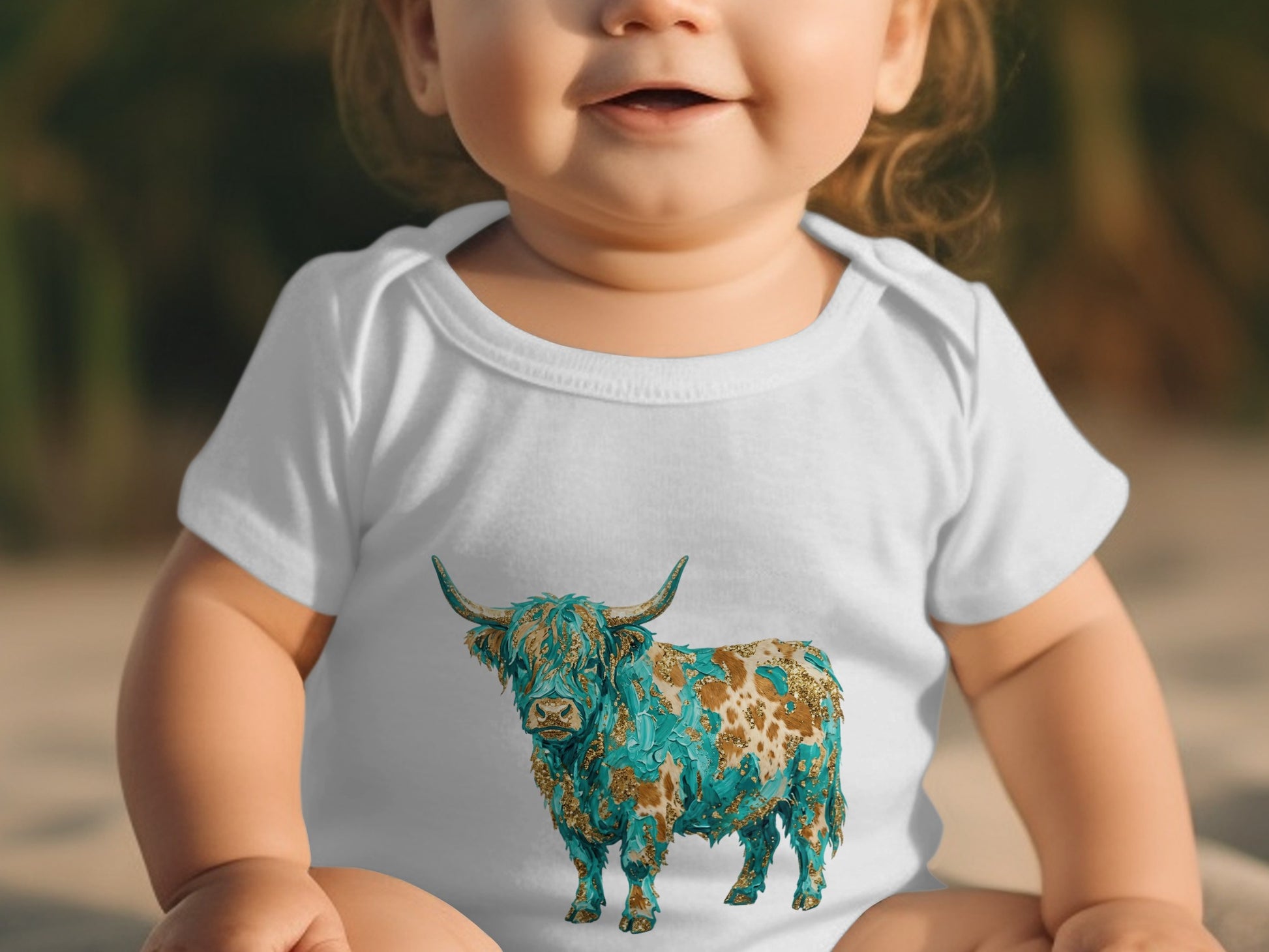 Baby wearing white onesie with teal and gold Highland cow graphic.