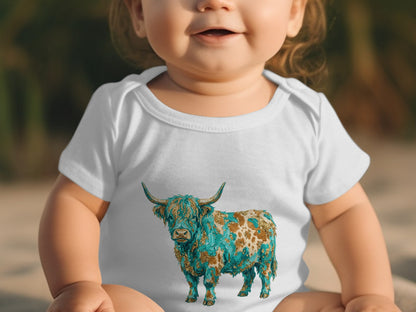 Baby wearing white onesie with teal and gold Highland cow graphic.