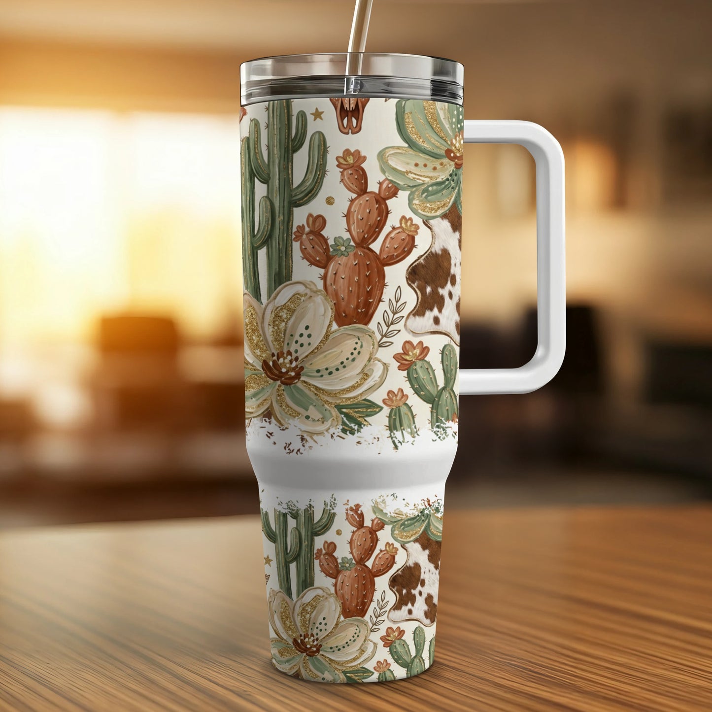 Western-themed tumbler with cacti, flowers, and cowhide print.