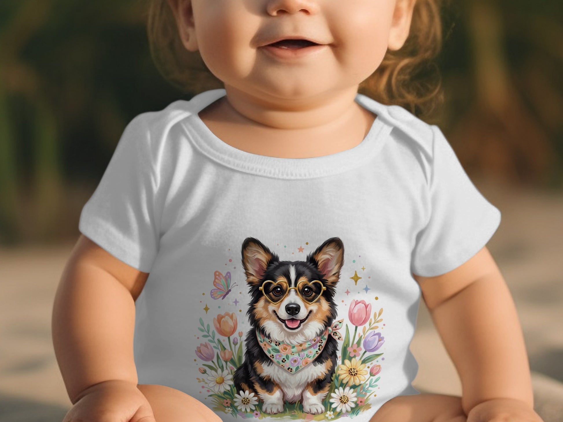 Baby wearing white onesie with a smiling corgi wearing glasses and a bandana.
