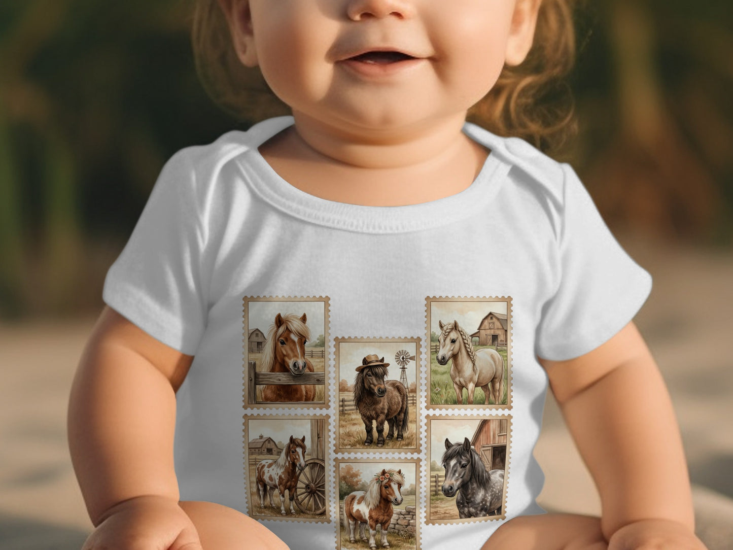 Baby wearing a white bodysuit with postage stamps featuring ponies and barns.