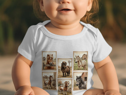 Baby wearing a white bodysuit with postage stamps featuring ponies and barns.