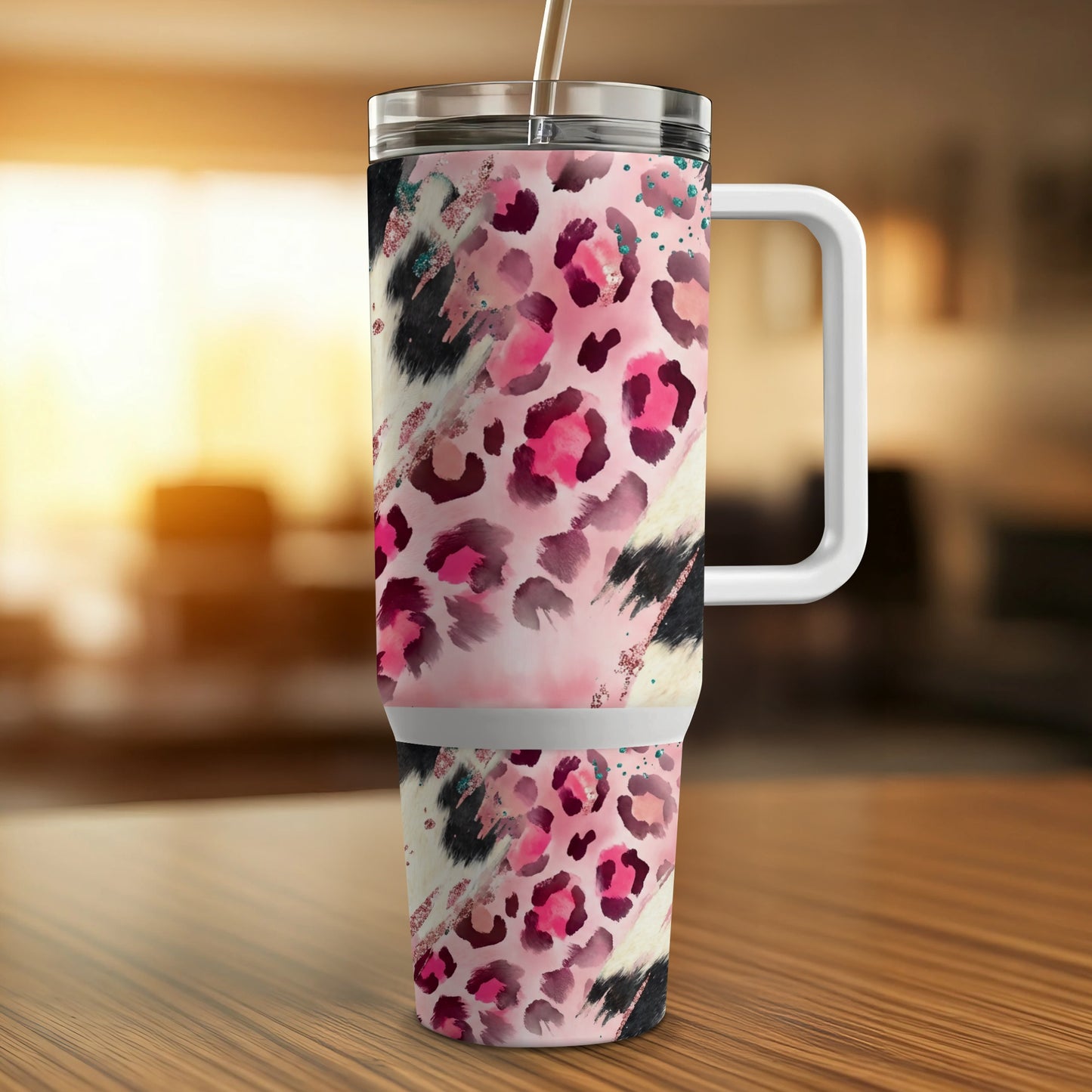 Tumbler with pink and black leopard print and glitter accents.