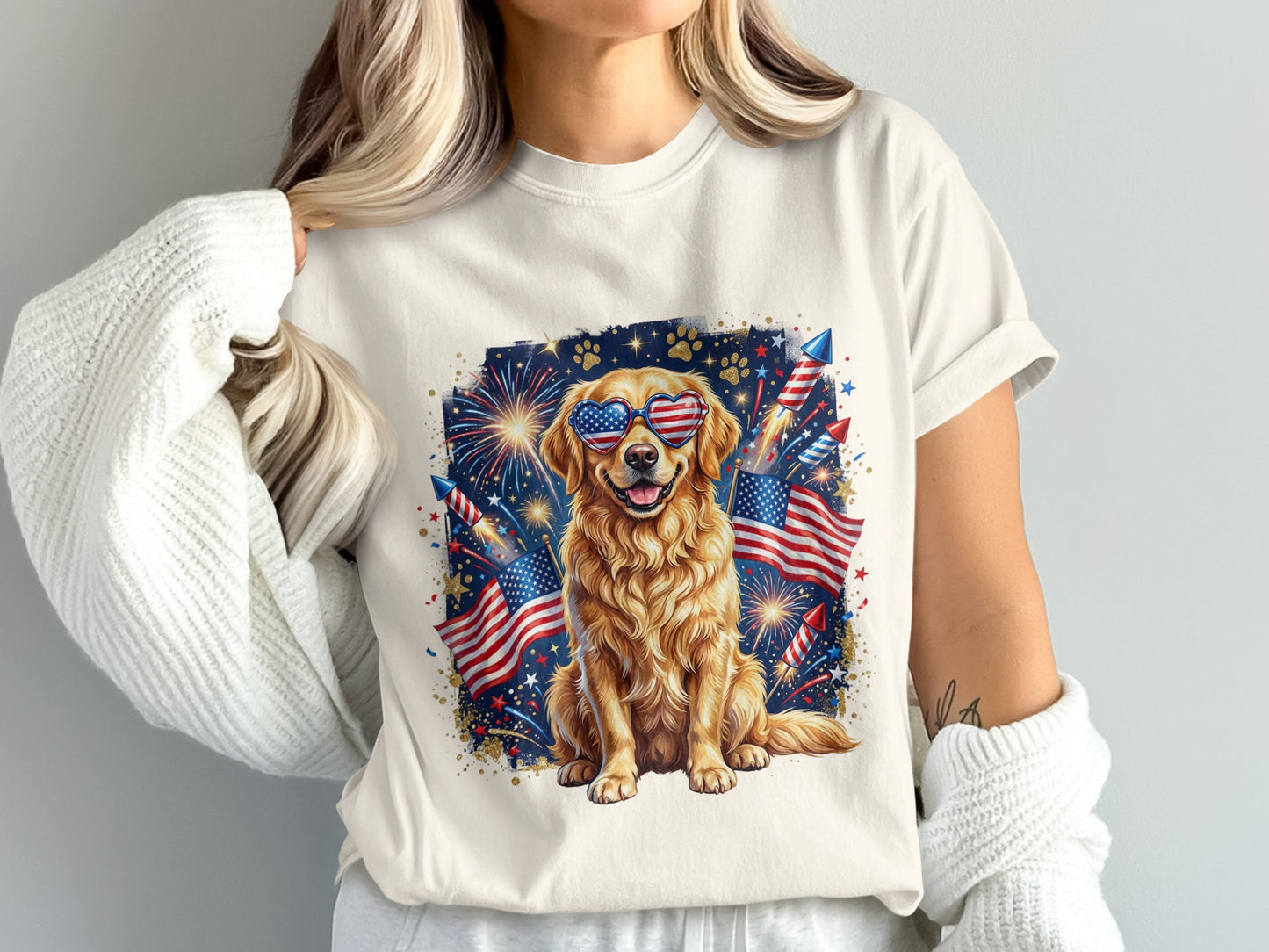 Golden retriever wearing American flag sunglasses with fireworks and flags.
