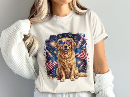 Golden retriever wearing American flag sunglasses with fireworks and flags.