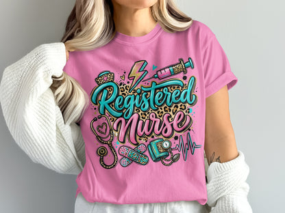 Pink t-shirt with "Registered Nurse" text and medical graphic elements.