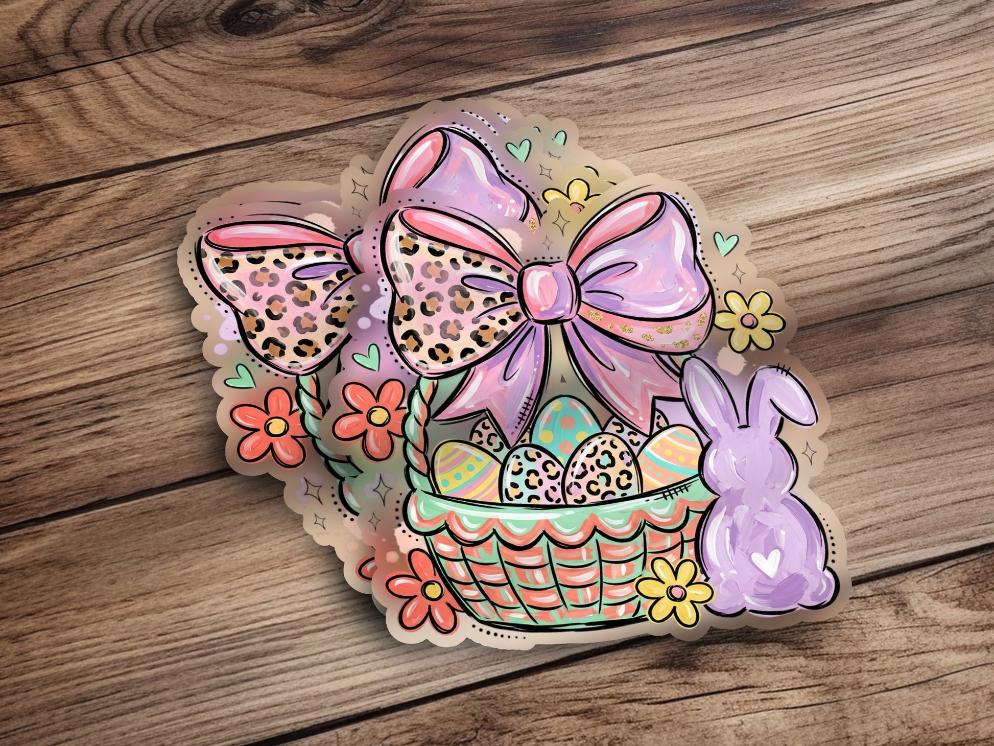Easter basket with eggs, bow, flowers, and a bunny sticker.