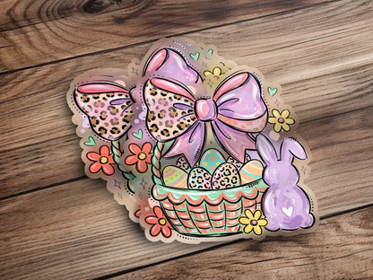 Easter basket with eggs, bow, flowers, and a bunny sticker.