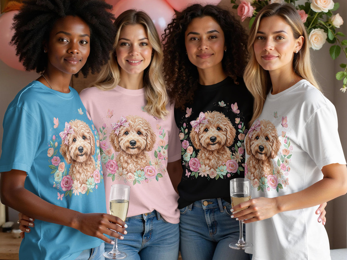 Four women in graphic t-shirts featuring a dog and floral design, holding champagne.
